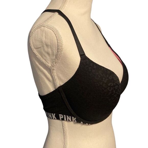 PINK Victoria's Secret Strappy Back Lace Front Snap Push-up Bra Black 34DD - Picture 3 of 5